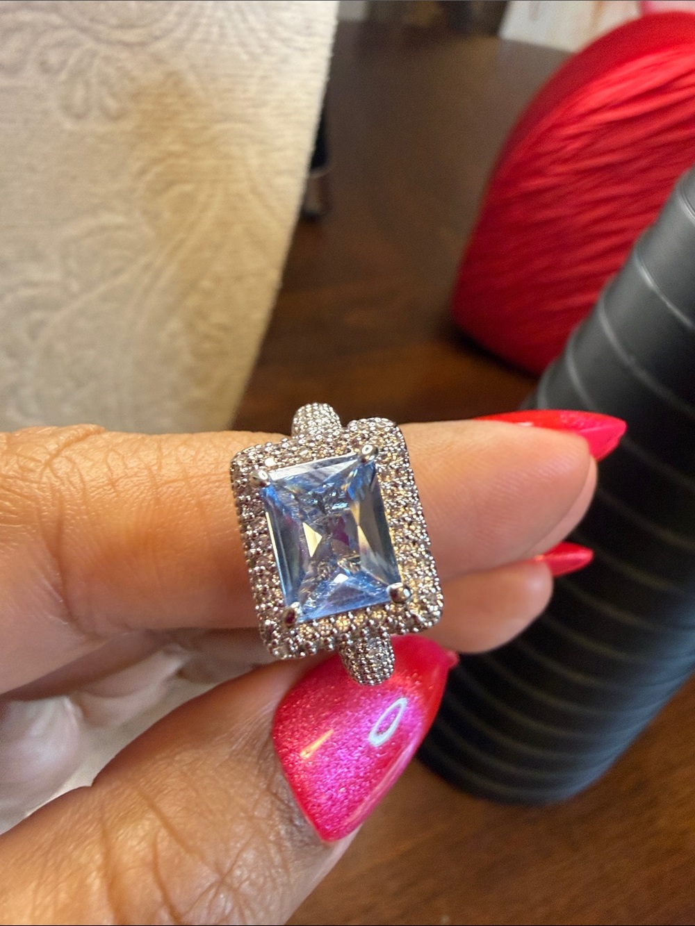 Rhodium Plated Rectangle Blue Stone Halo Ring - Elegant Women's Jewelry